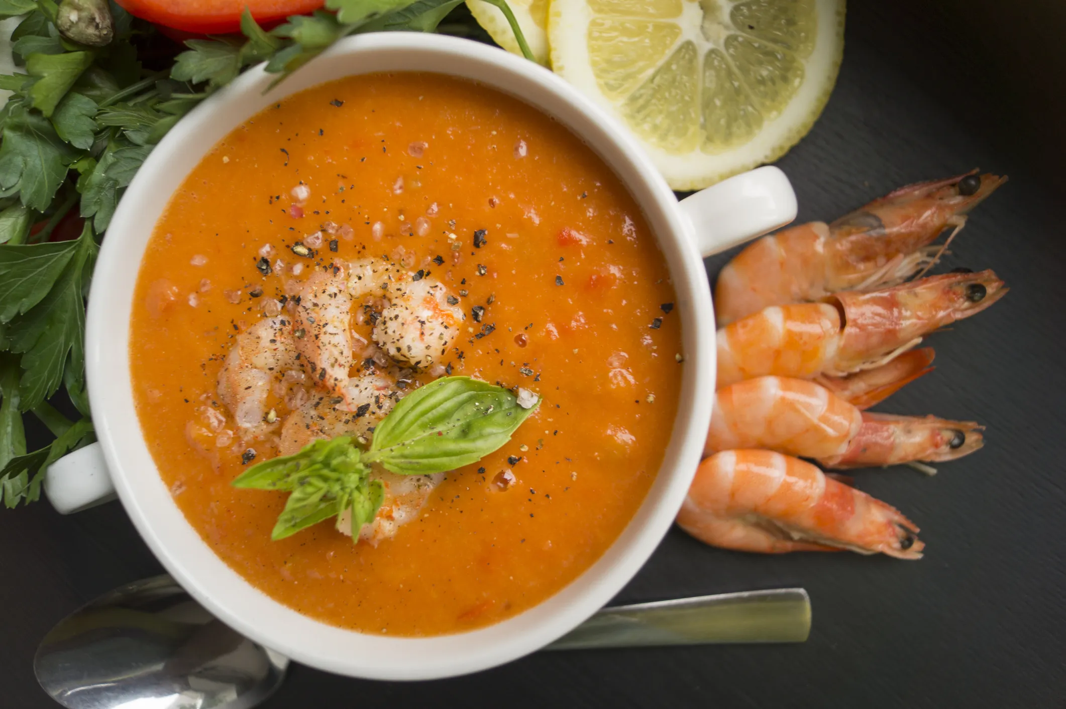 Tomato Soup with Herbed Roasted Shrimp