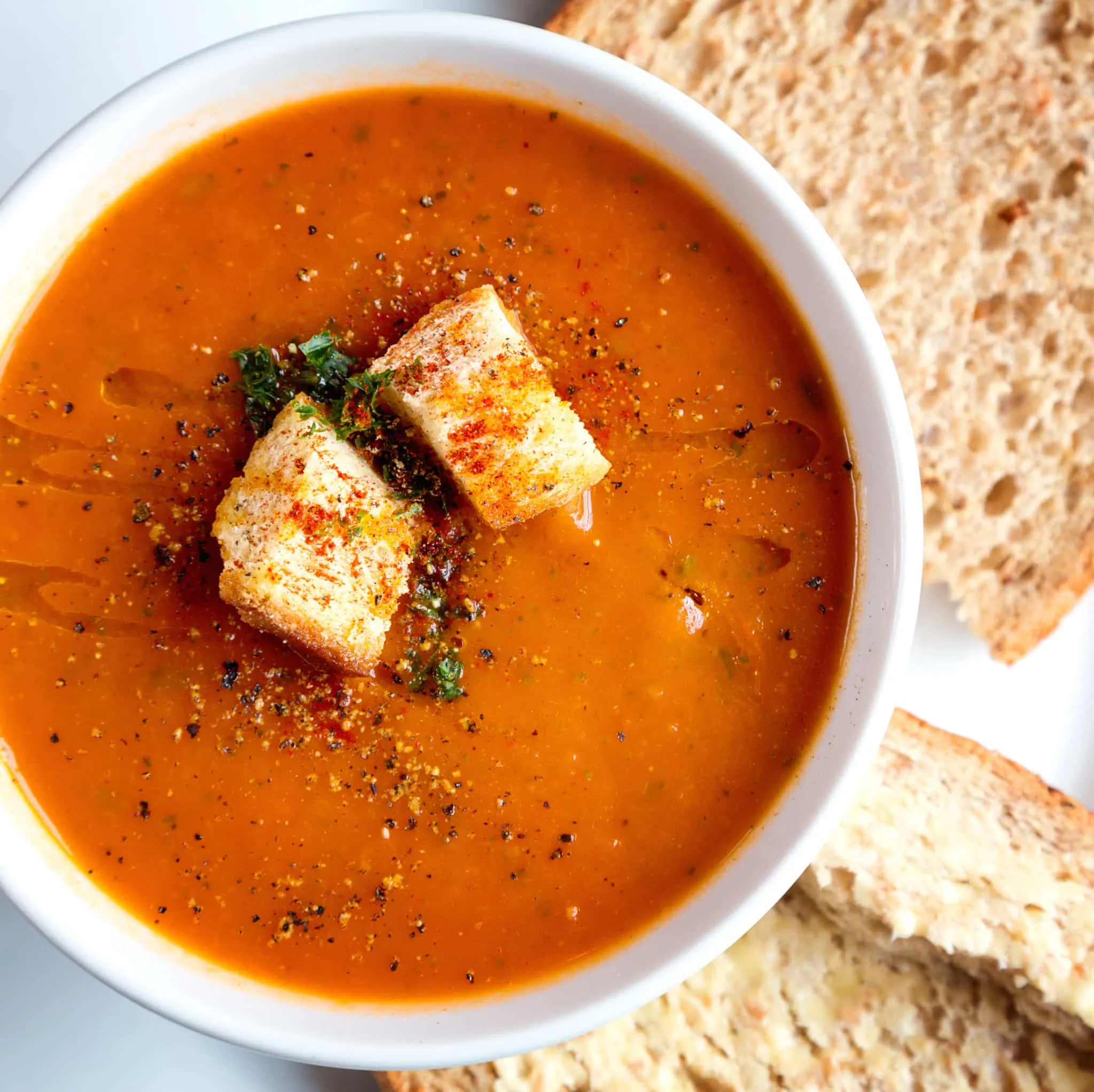 Tuscan Tomato Soup with Rosemary Garlic Croutons