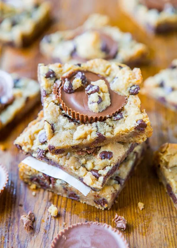 Two Ingredient Peanut Butter Cup Chocolate Chip Cookie Dough Bars