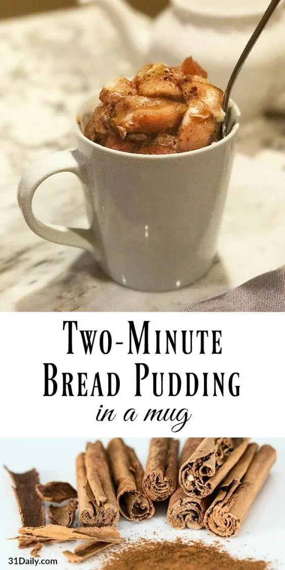Two Minute Bread Pudding in a Mug with Browned Butter Vanilla Sauce