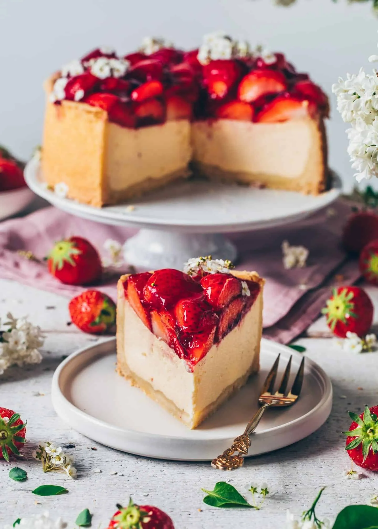Vegan Cheesecake with Strawberry Rhubarb Sauce