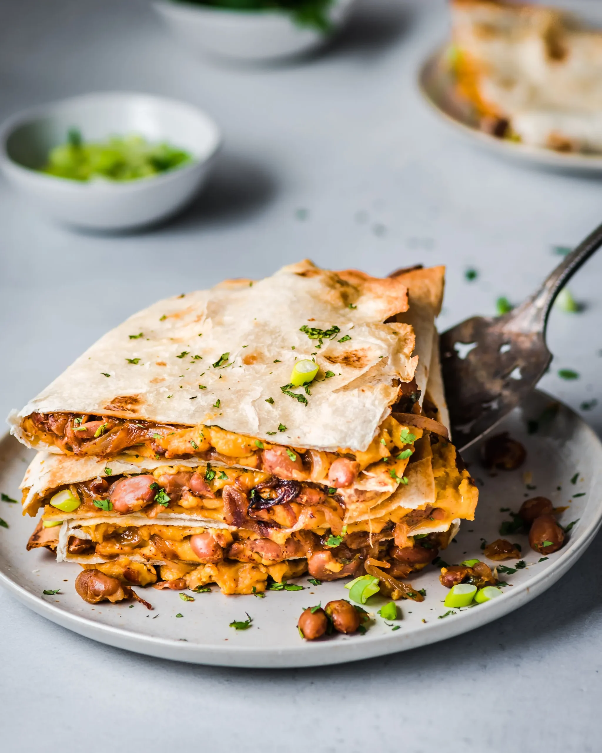Vegan Quesadillas with Smoky Cheese and Refried Beans