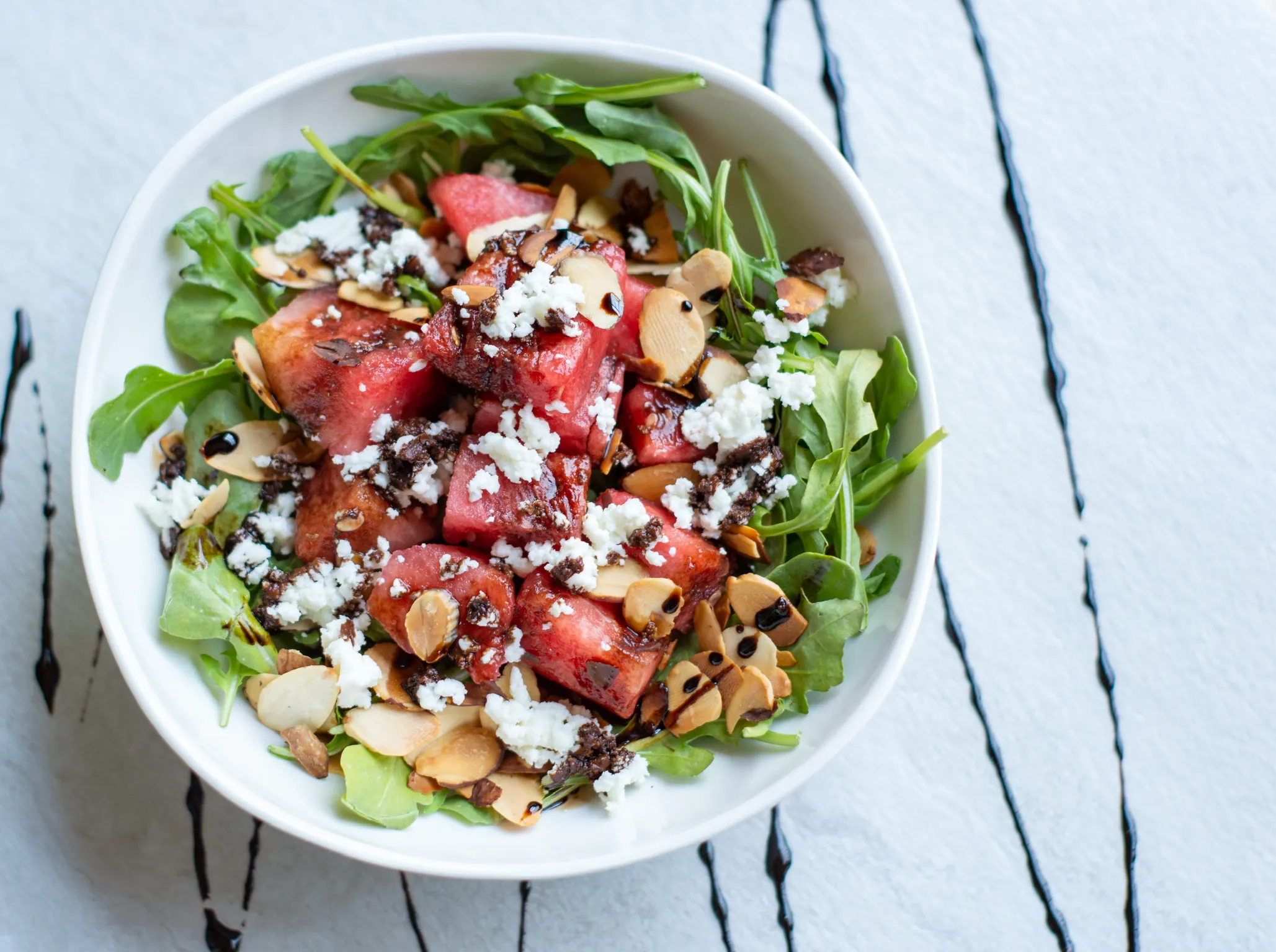 Watermelon Salad with Arugula Baked Goat Cheese