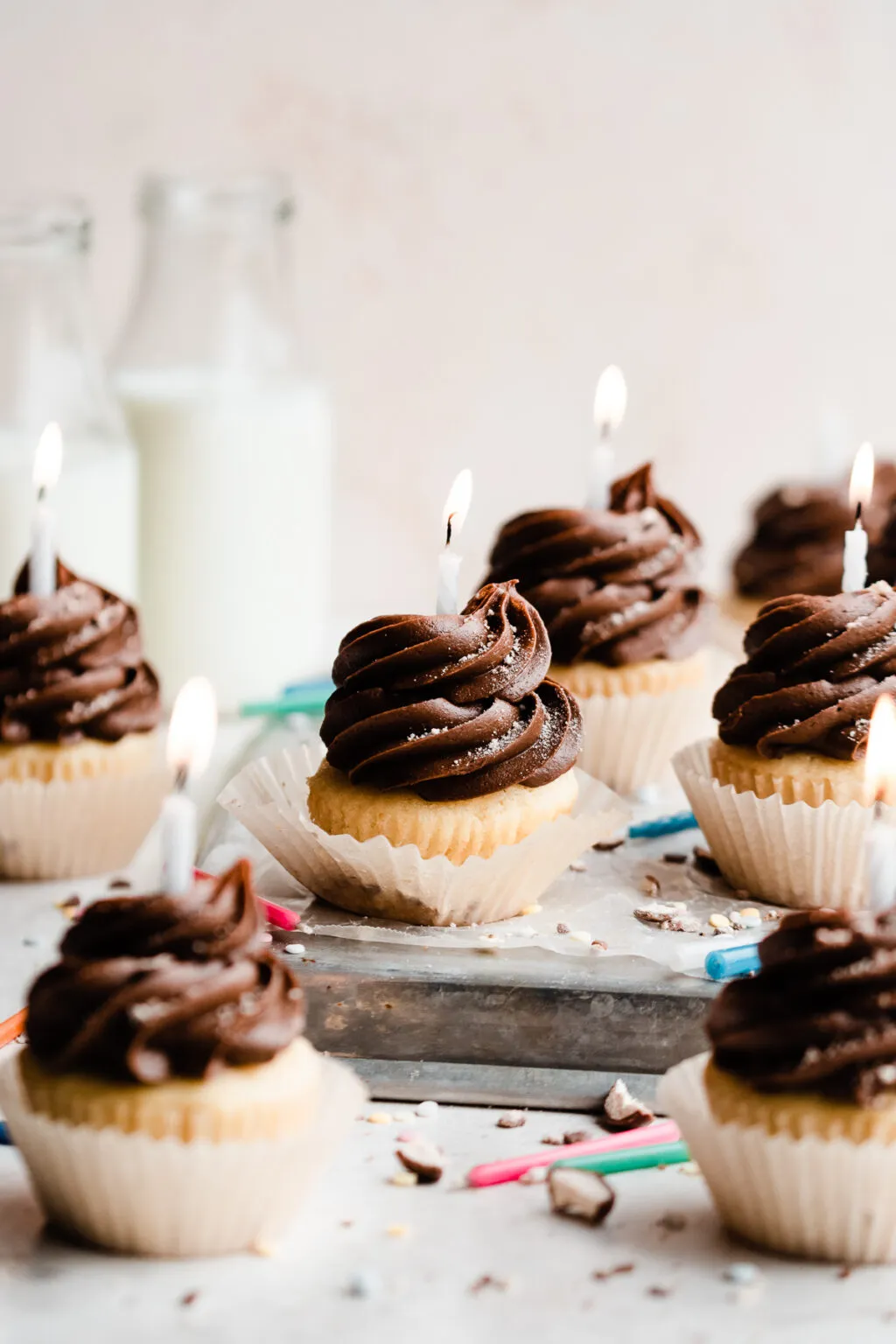Yellow Birthday Cupcakes with Malted Chocolate Frosting