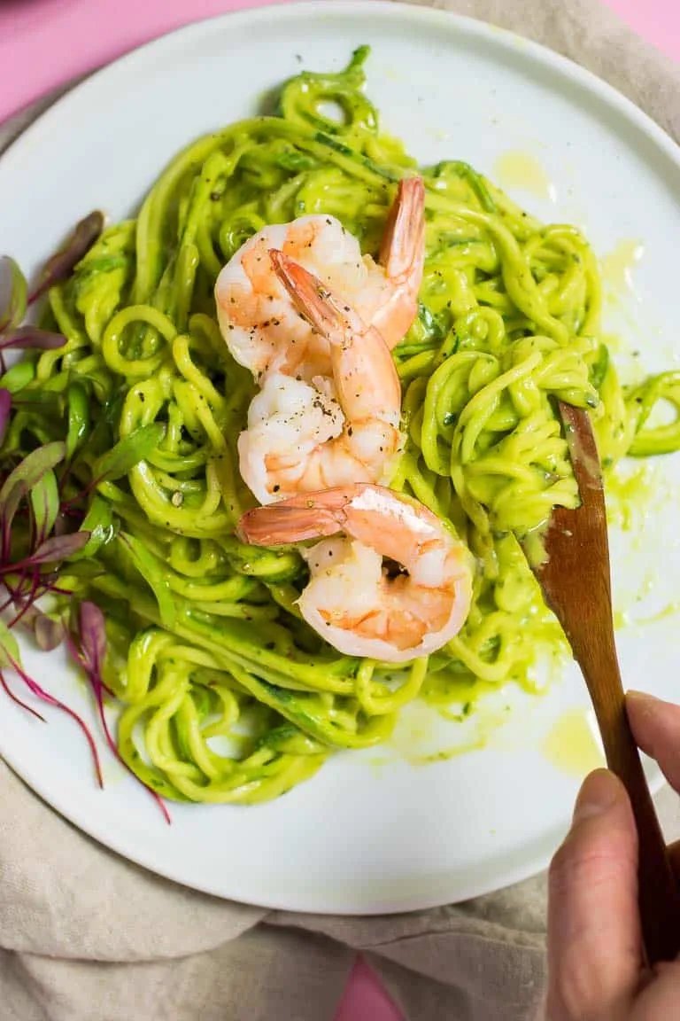 Zucchini Pasta with Creamy Avocado Sauce Shrimp