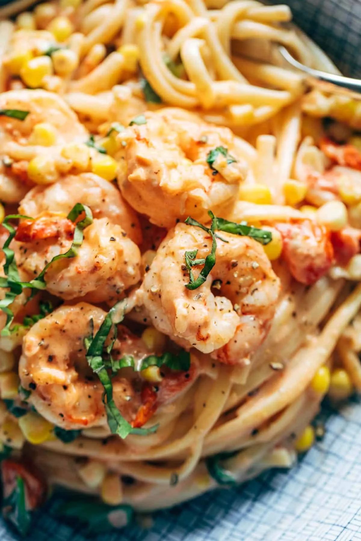 creamy shrimp pasta with corn and tomatoes