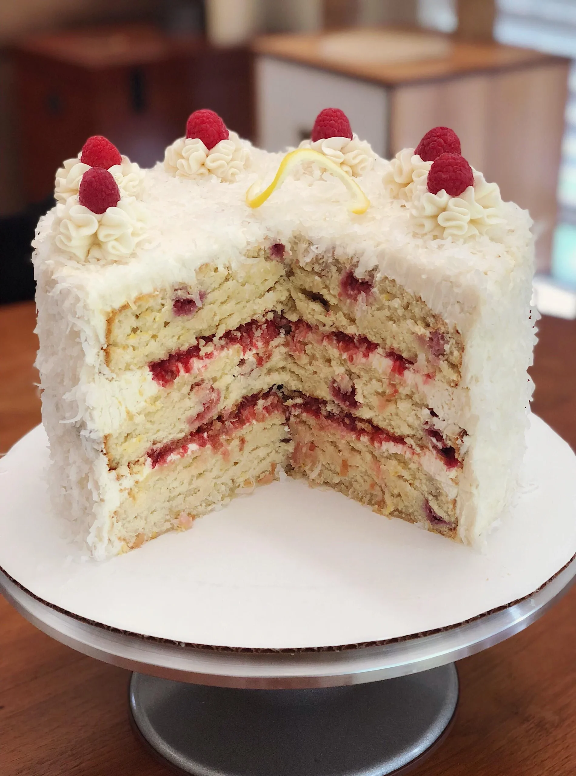 raspberry coconut and lemon layer cake