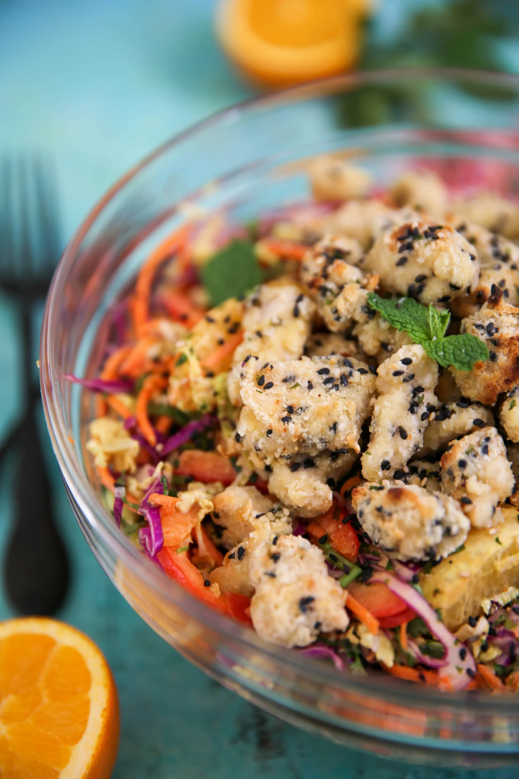 roast chicken salad lemon vinaigrette sesame crunch