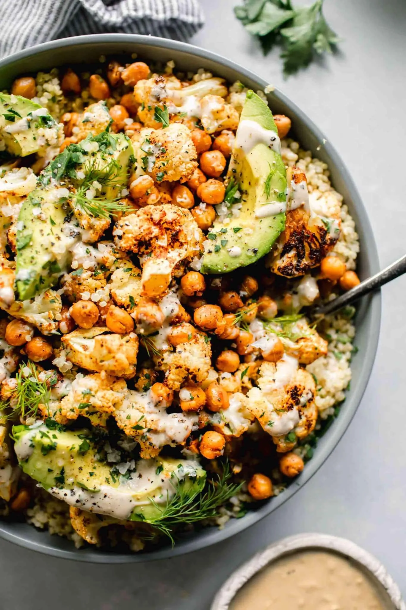 roasted cauliflower mushroom chickpea quinoa bowl
