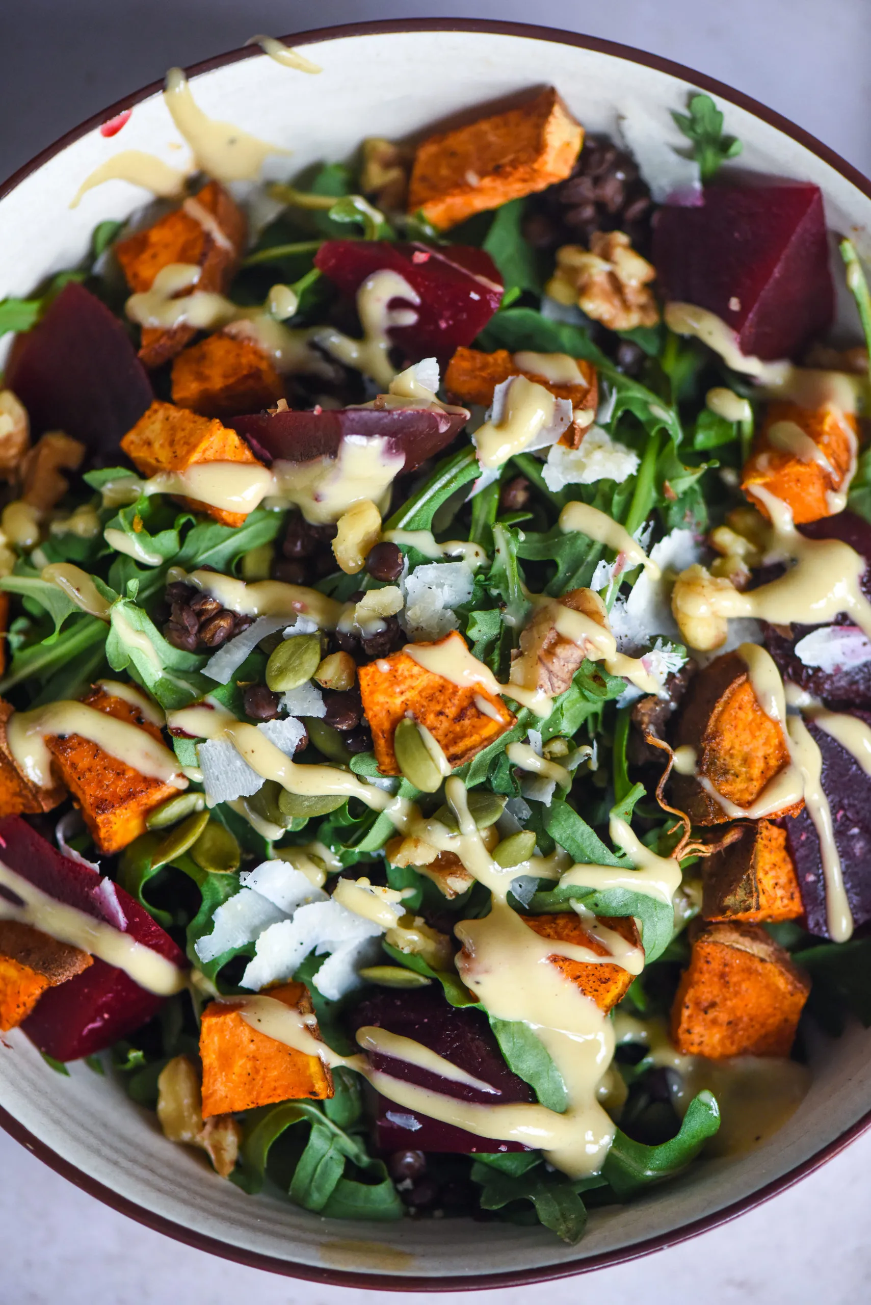tahini mustard sweet potato lentil arugula salad