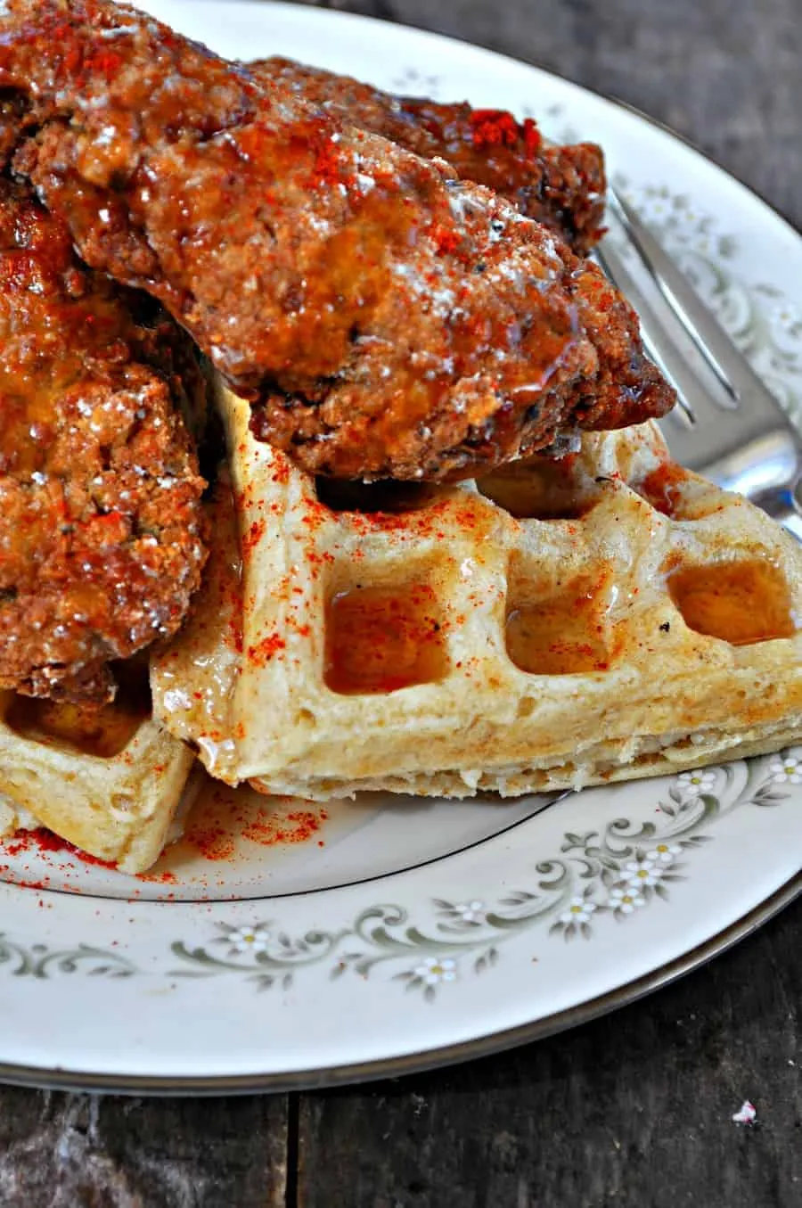 vegan chicken and waffles with spicy maple syrup